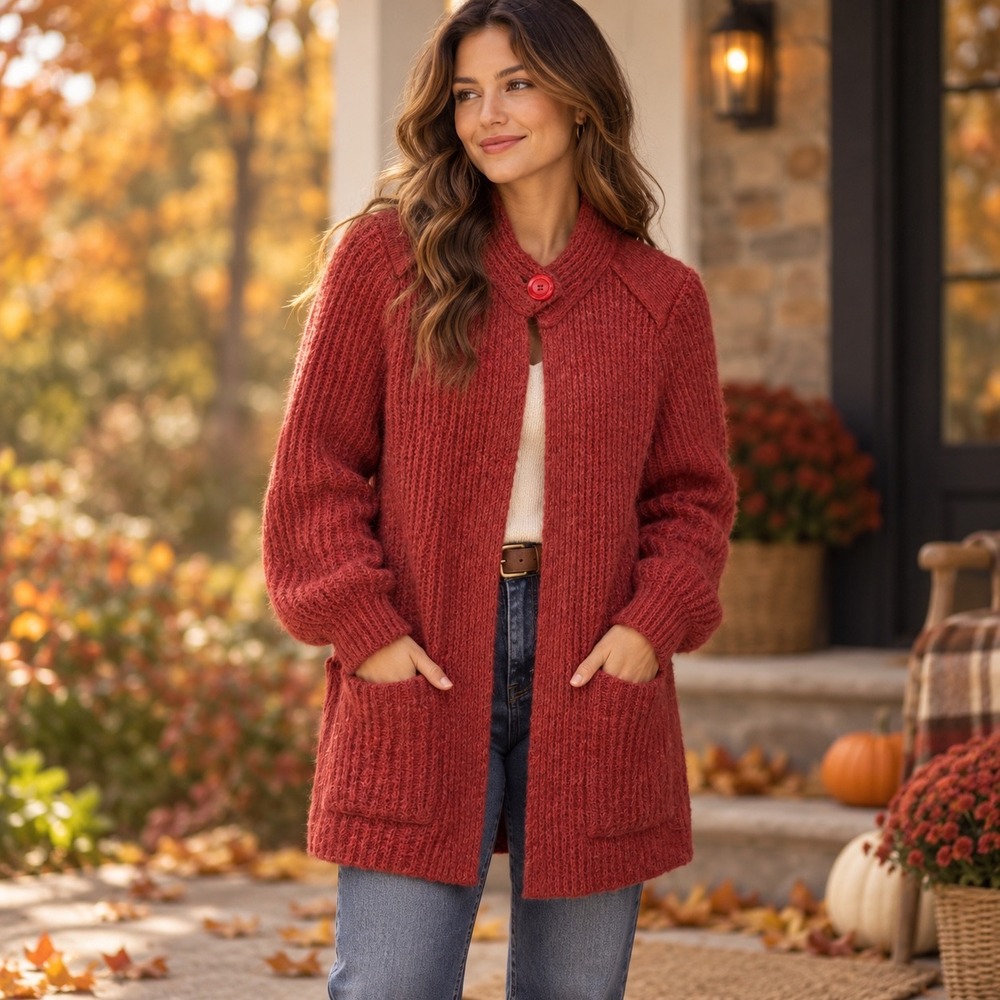 Vintage Rust Red Chunky Knit Wool Blend Cardigan Sweater Heavy Cabin Cozycore M